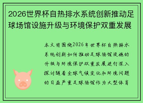 2026世界杯自热排水系统创新推动足球场馆设施升级与环境保护双重发展