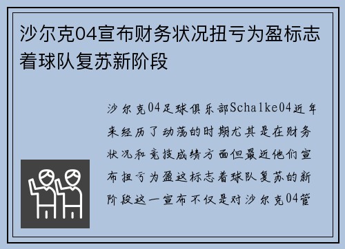 沙尔克04宣布财务状况扭亏为盈标志着球队复苏新阶段 沙尔克04宣布财务状况扭亏为盈标志着球队复苏新阶段